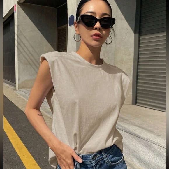 Tops - Light beige / nude Shoulder padded tee shirt top - fall essential top
